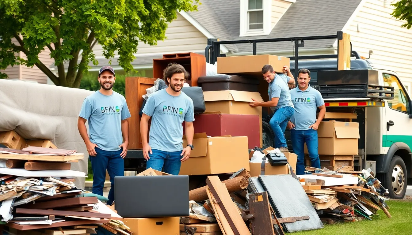 diverse team of junk haulers removing clutter from a residential area.
